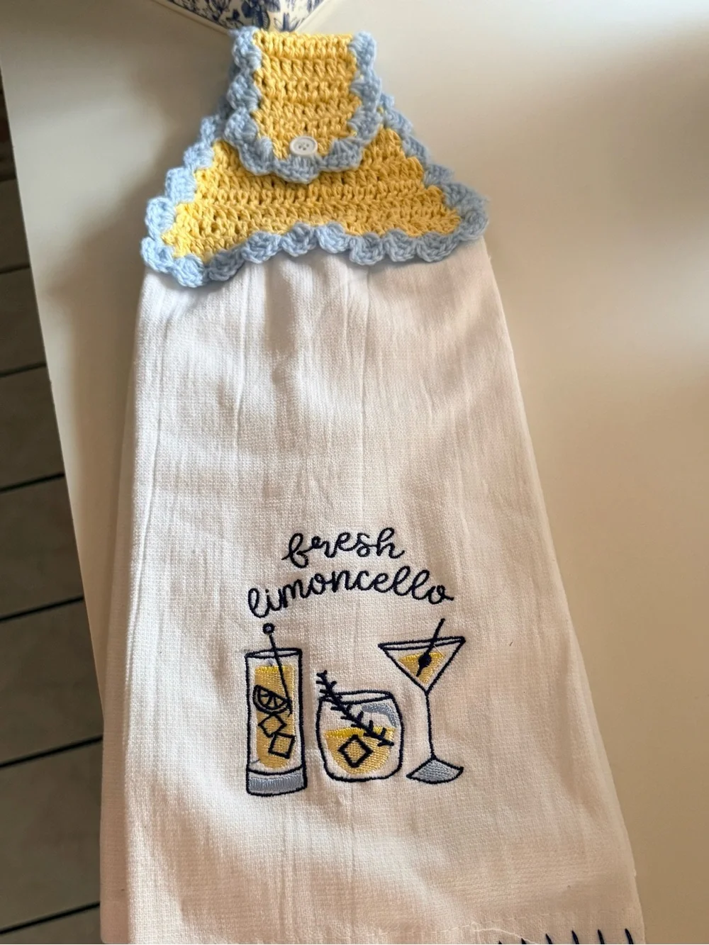 Handmade Yellow & Blue Crochet Top Kitchen Towel - Fresh Limoncello